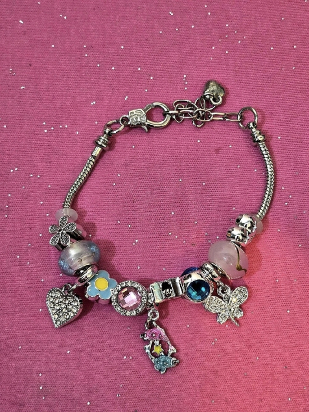 Silver Tone Cable Chain Charm Bracelet w/ Multicolor Crystal Dangle Charms